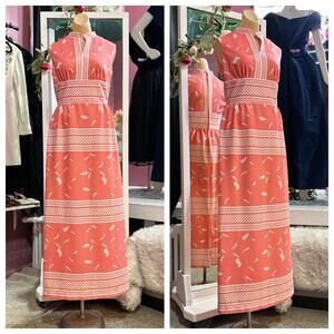 Vintage 60s 70s Maxi Dress Pink White Sleeveless Hostess Retro Mod Coral S
